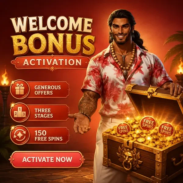 Charakter öffnet Schatztruhe und enthüllt Gambloria Casino Login-Belohnungen und Bonusmünzen