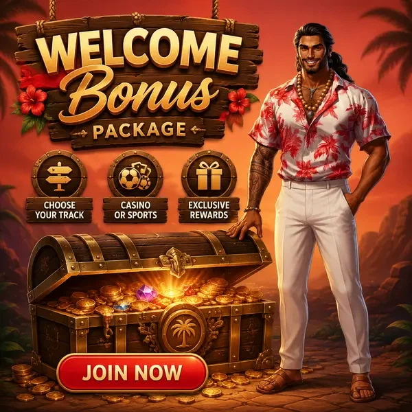 Selbstbewusster Charakter präsentiert Gambloria-Willkommensbonus-Schatztruhe bereit für neue Spieler-Anmeldung
