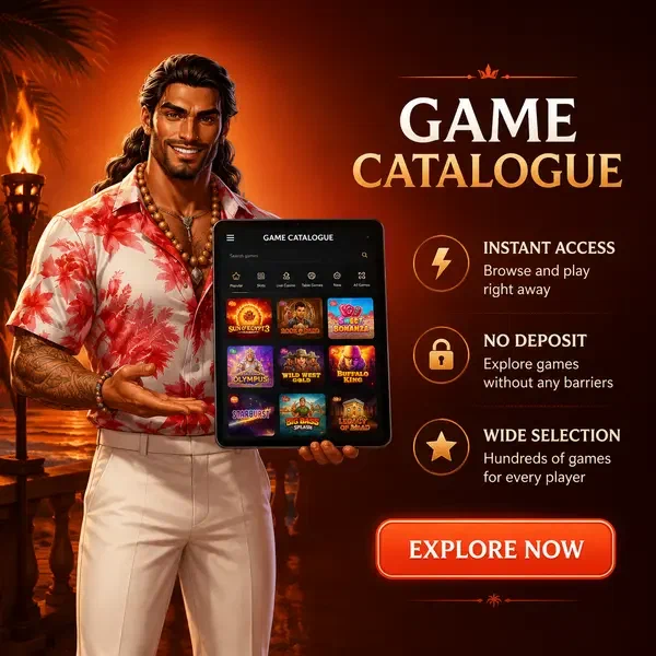 Einladender Charakter präsentiert Spielkatalog auf Tablet, während sich Spieler bei Gambloria anmeldet