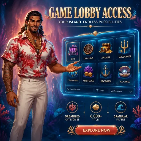 Island Patron begrüßt Spieler in der Gambloria Spiele-Lobby mit über 6.000 organisierten Titeln