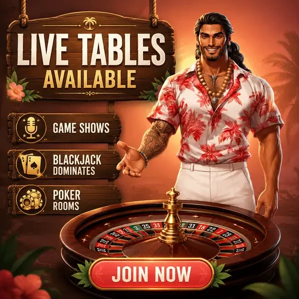 Insel-Patron präsentiert Roulette-Rad an Live-Casino-Tischen mit einladender Geste