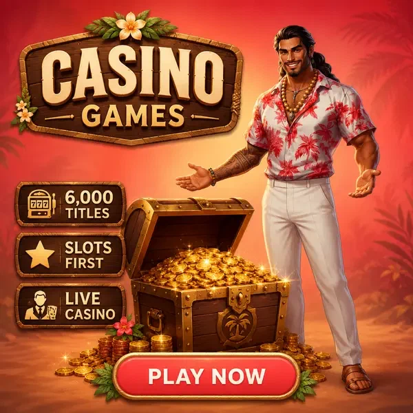 Insel-Patron präsentiert Schatztruhe mit Casino-Spielen bei Gambloria Casino Games